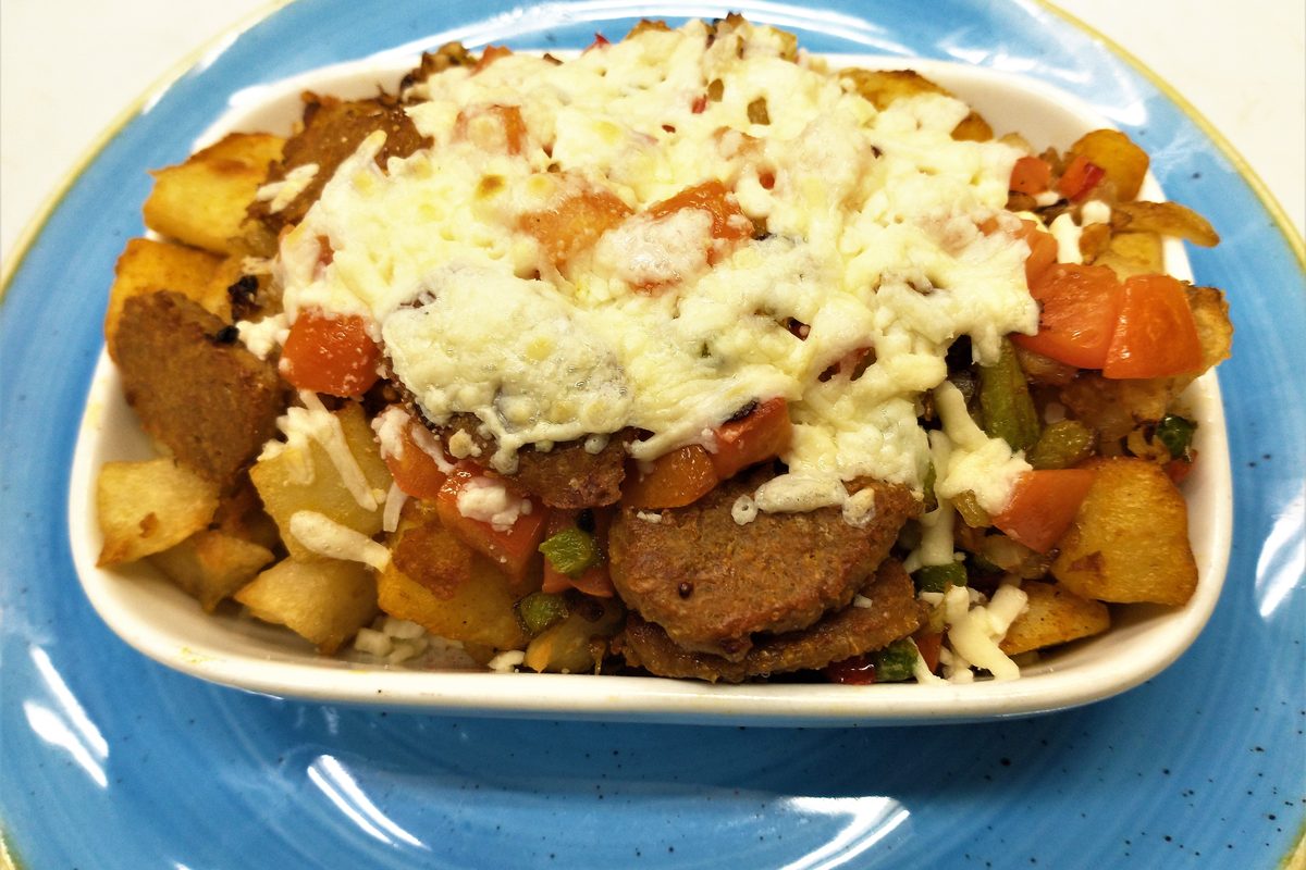 Vegan breakfast skillet with Beyond Meat sausage
